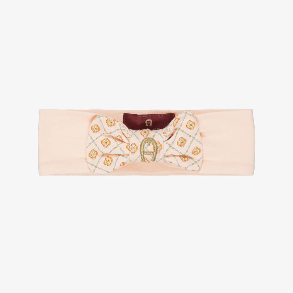 AIGNER-Baby Girls Peach Pink Bow Headband with Gold Embroidery | Childrensalon Outlet