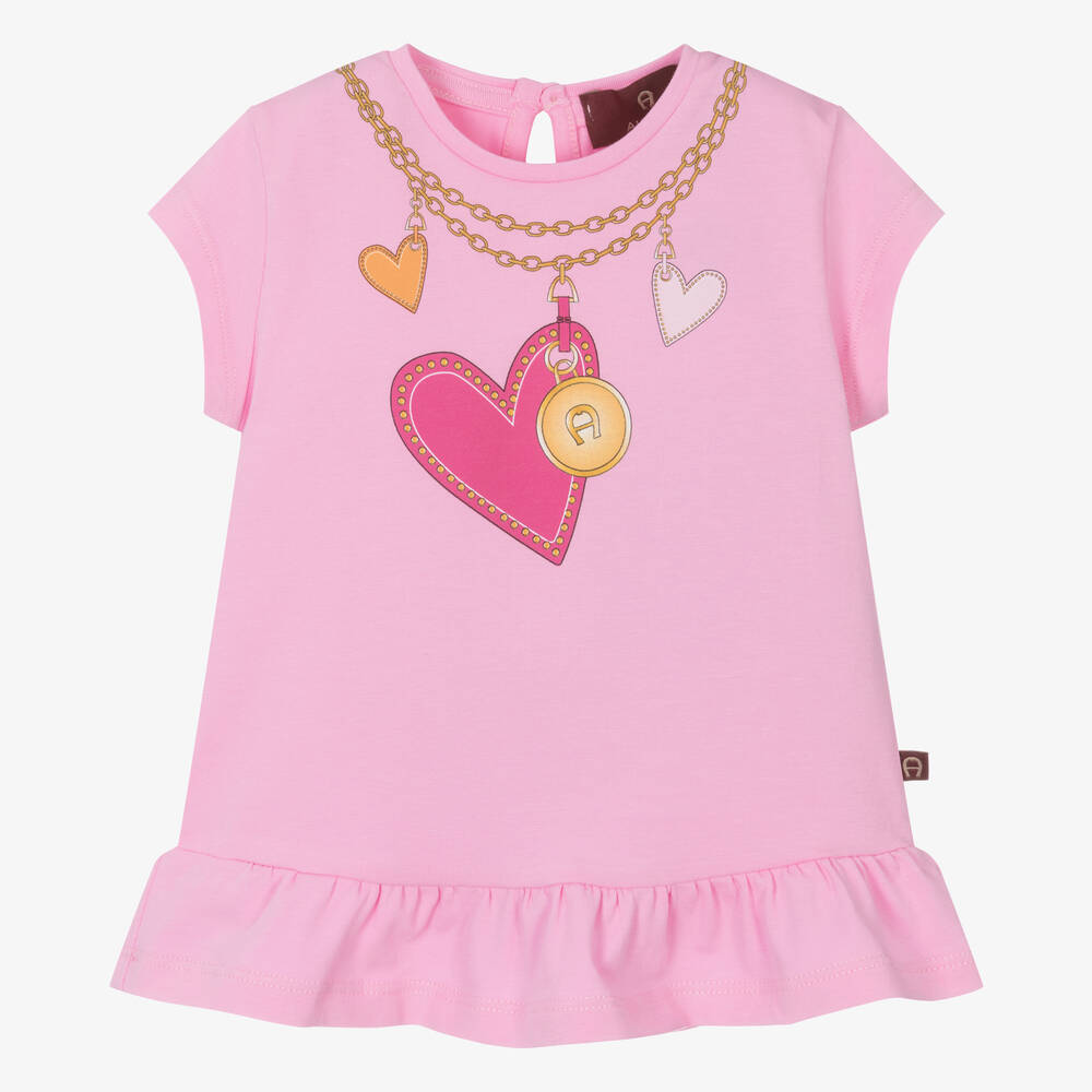 AIGNER-Baby Girls Pink Cotton Heart & Chain T-Shirt | Childrensalon Outlet