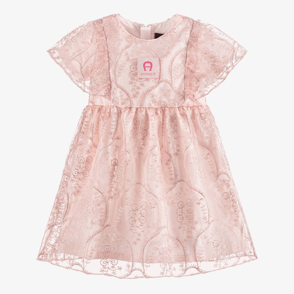 AIGNER-Baby Girls Pink Floral Embroidered Tulle Dress | Childrensalon Outlet