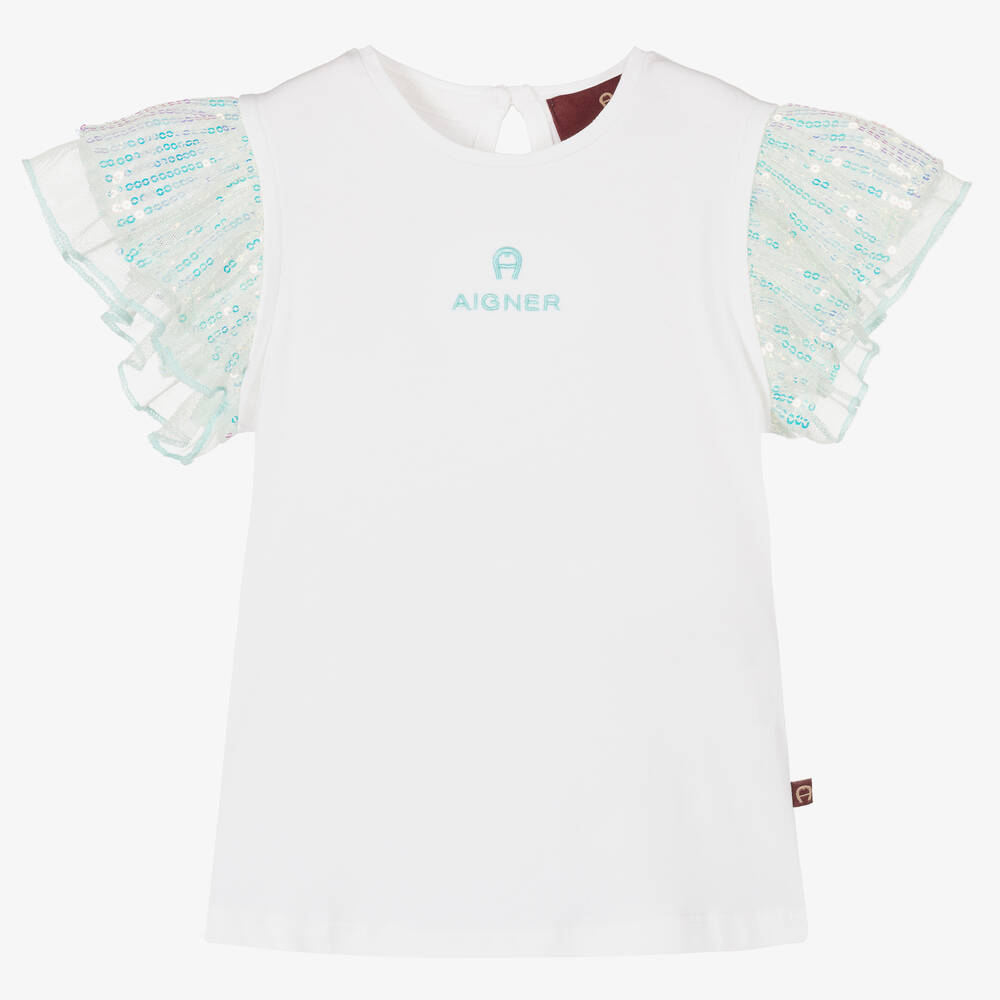 AIGNER - Белая футболка с голубыми пайетками | Childrensalon