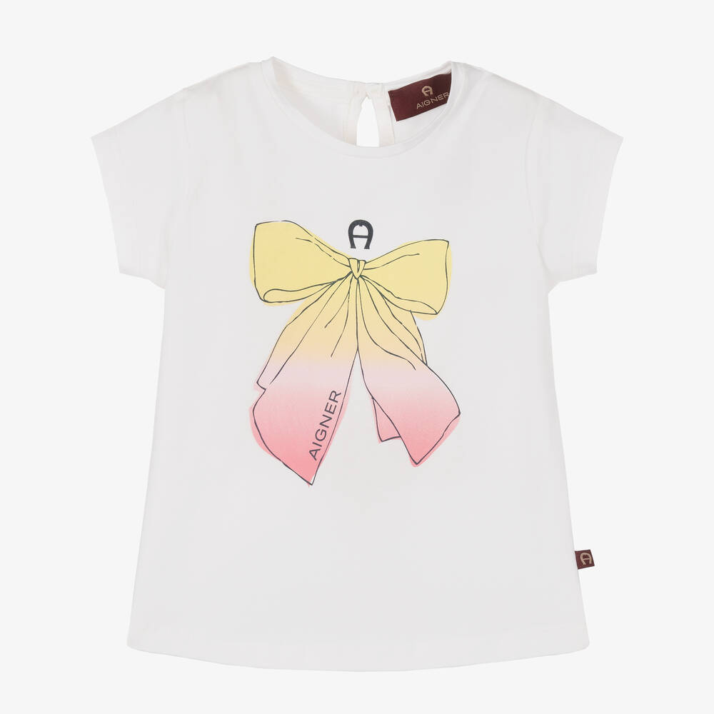 AIGNER - Baby Girls White Bow Logo T-Shirt | Childrensalon