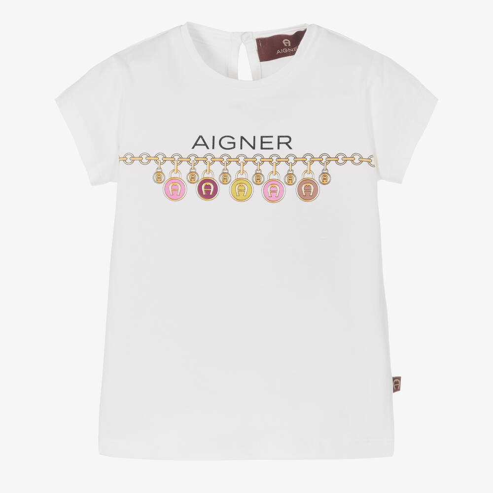 AIGNER - Baby Girls White Cotton Logo T-Shirt | Childrensalon