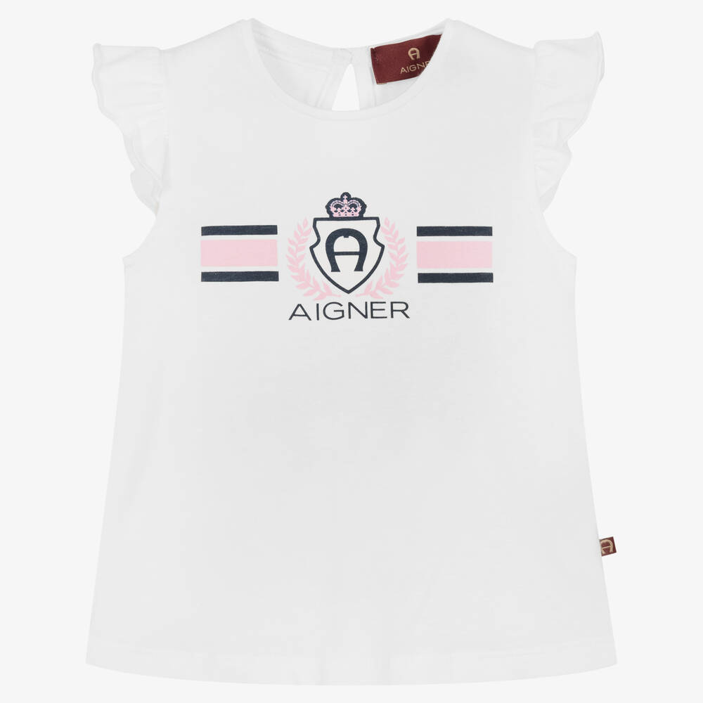 AIGNER - Baby Girls White Cotton Logo T-Shirt | Childrensalon