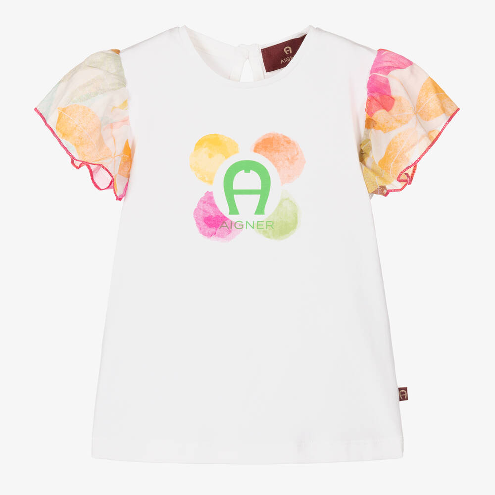 AIGNER - Baby Girls White Floral Logo T-Shirt | Childrensalon