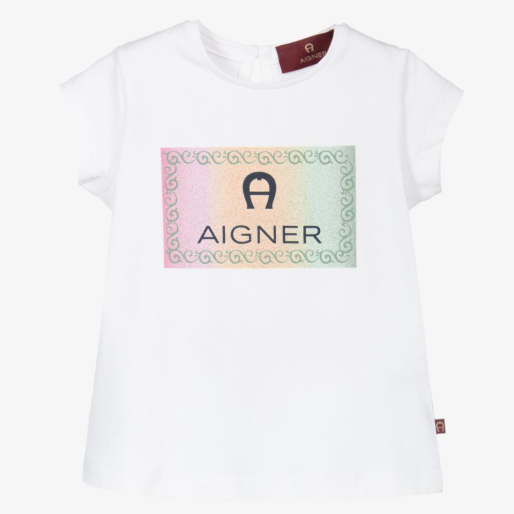 AIGNER - تيشيرت أطفال بناتي قطن جيرسي لون أبيض | Childrensalon
