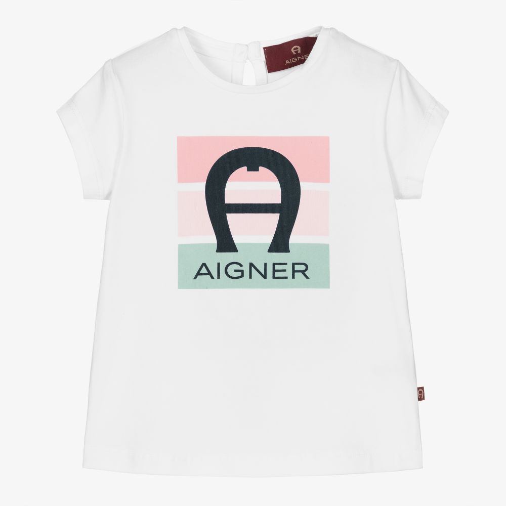 AIGNER - Baby Girls White Logo T-Shirt | Childrensalon