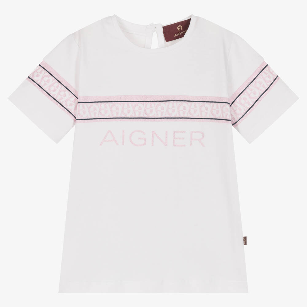 AIGNER - Baby Girls White & Pink Glitter Logo T-Shirt | Childrensalon