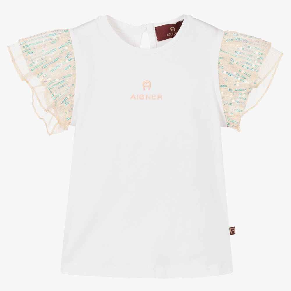 AIGNER - Baby Girls White & Pink Sequin T-Shirt | Childrensalon