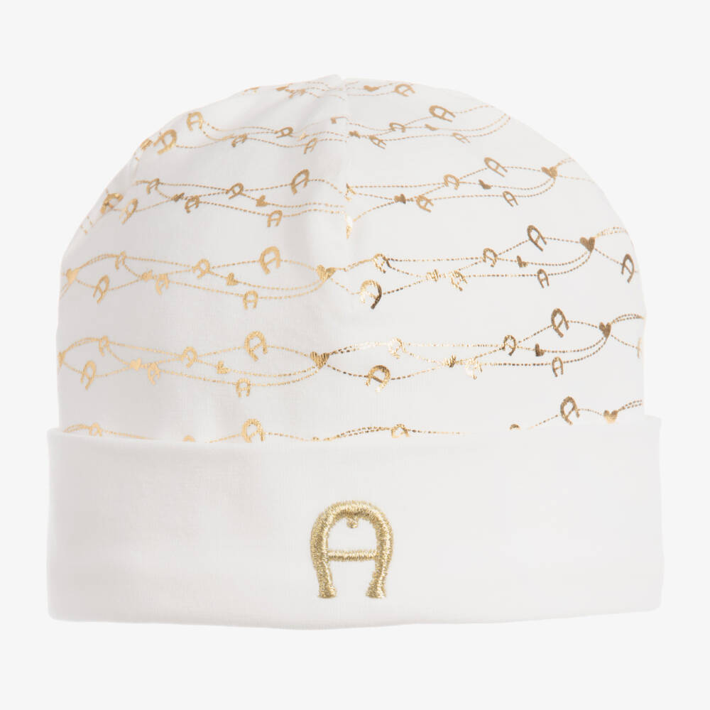 AIGNER-Кремовая шапочка из хлопка пима с золотистым узором | Childrensalon Outlet