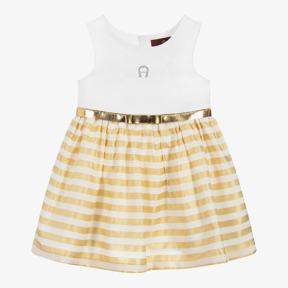 AIGNER - فستان أطفال بناتي مزيج قطن لون أبيض وذهبي | Childrensalon