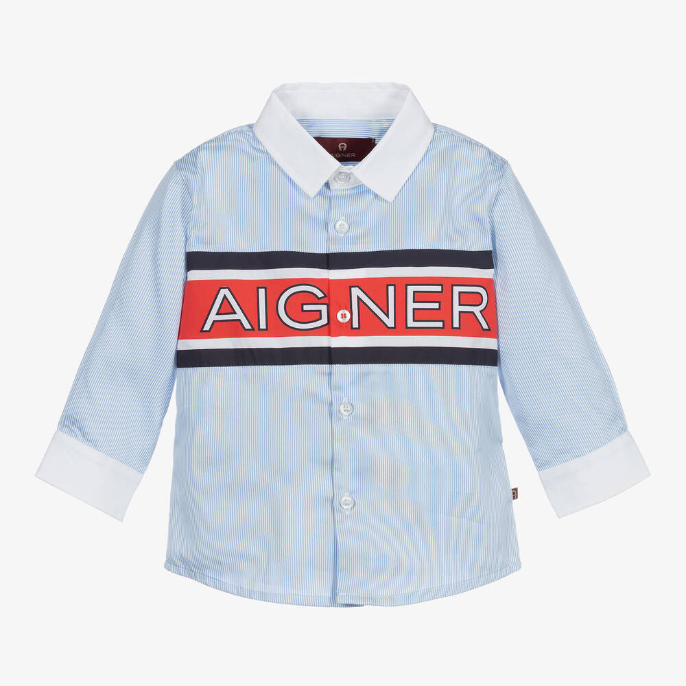 AIGNER - قميص أطفال ولادي قطن مقلم لون أزرق، أبيض وكحلي | Childrensalon
