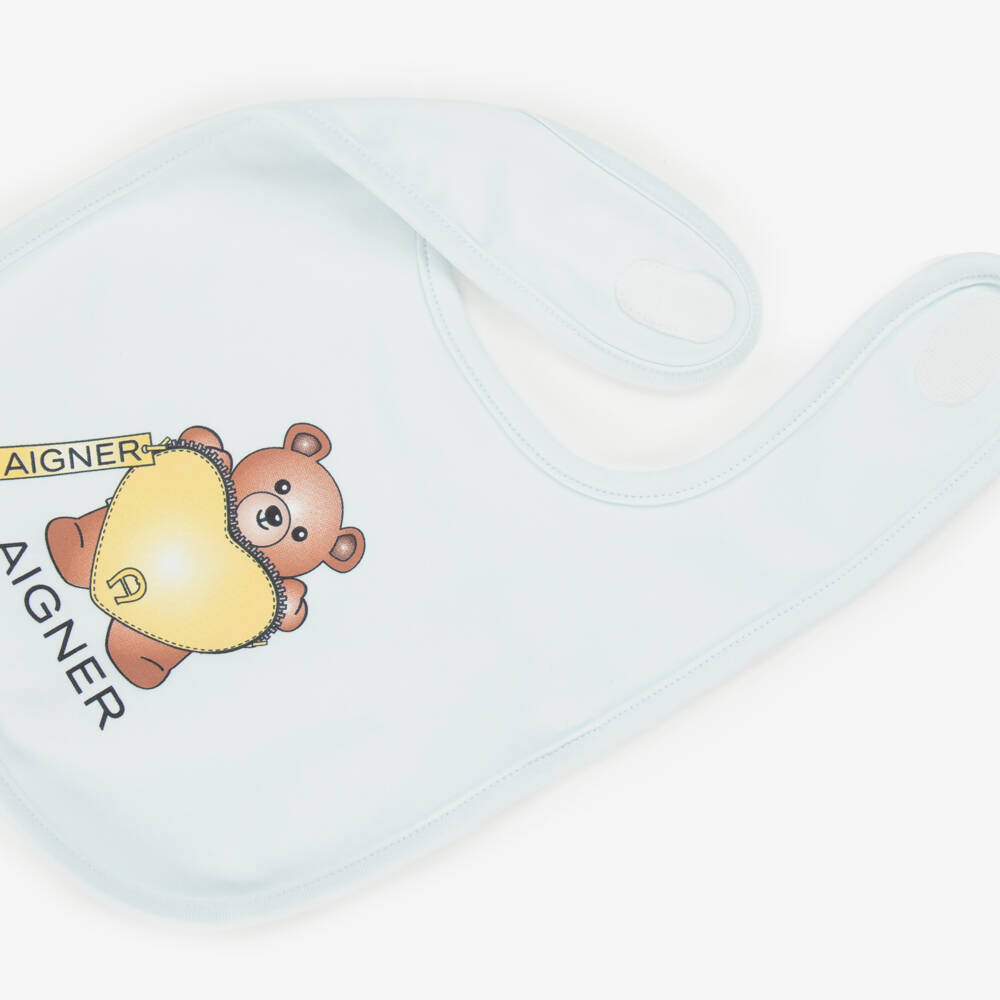 AIGNER-Blue Pima Cotton Teddy Bear Bib | Childrensalon Outlet