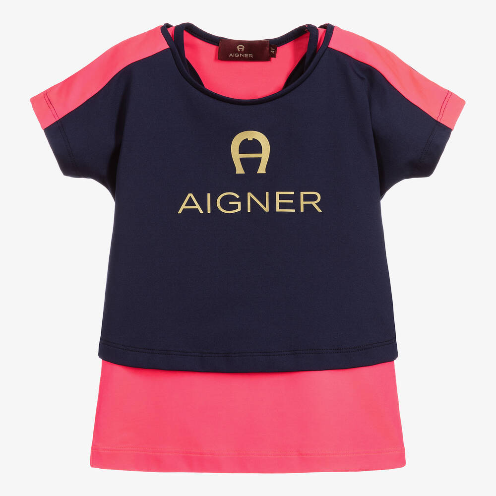 AIGNER - طقم تيشيرت قطن لون كحلي و زهري للبنات | Childrensalon