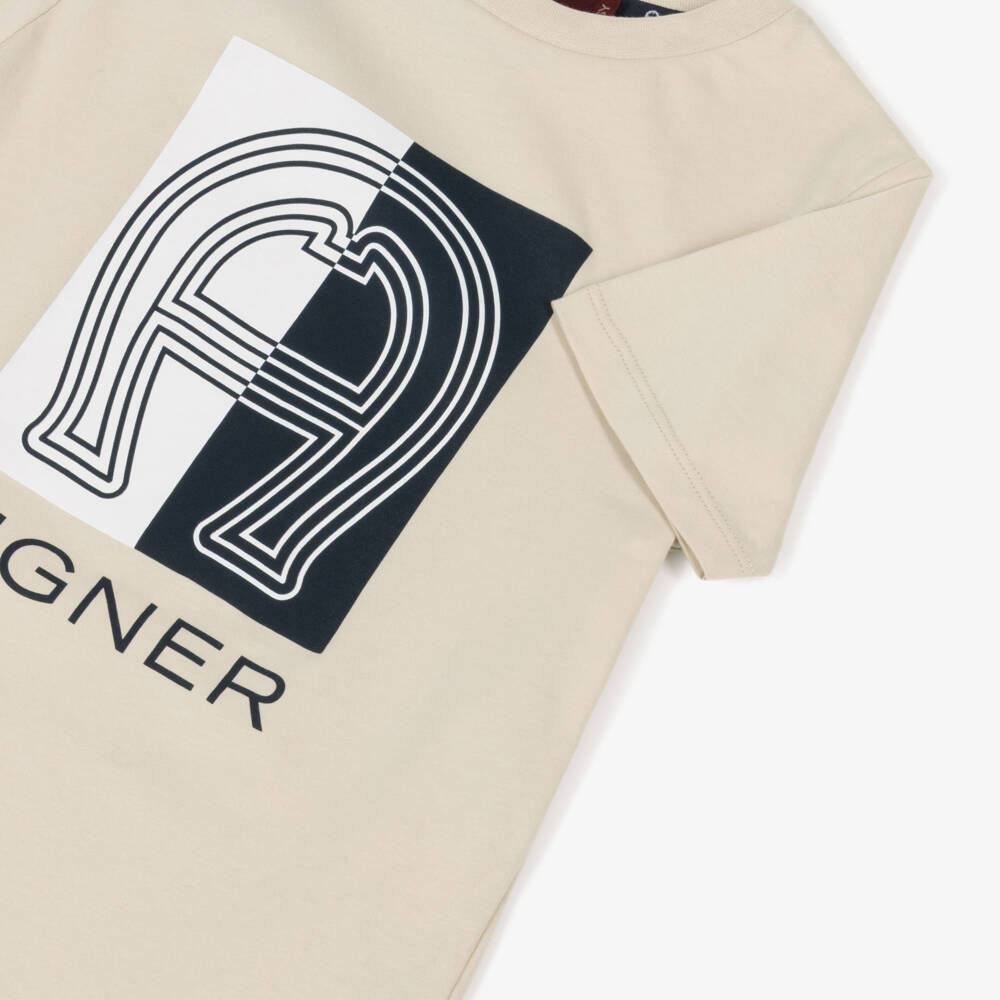 AIGNER-Boys Beige Cotton Horseshoe Logo T-Shirt | Childrensalon Outlet