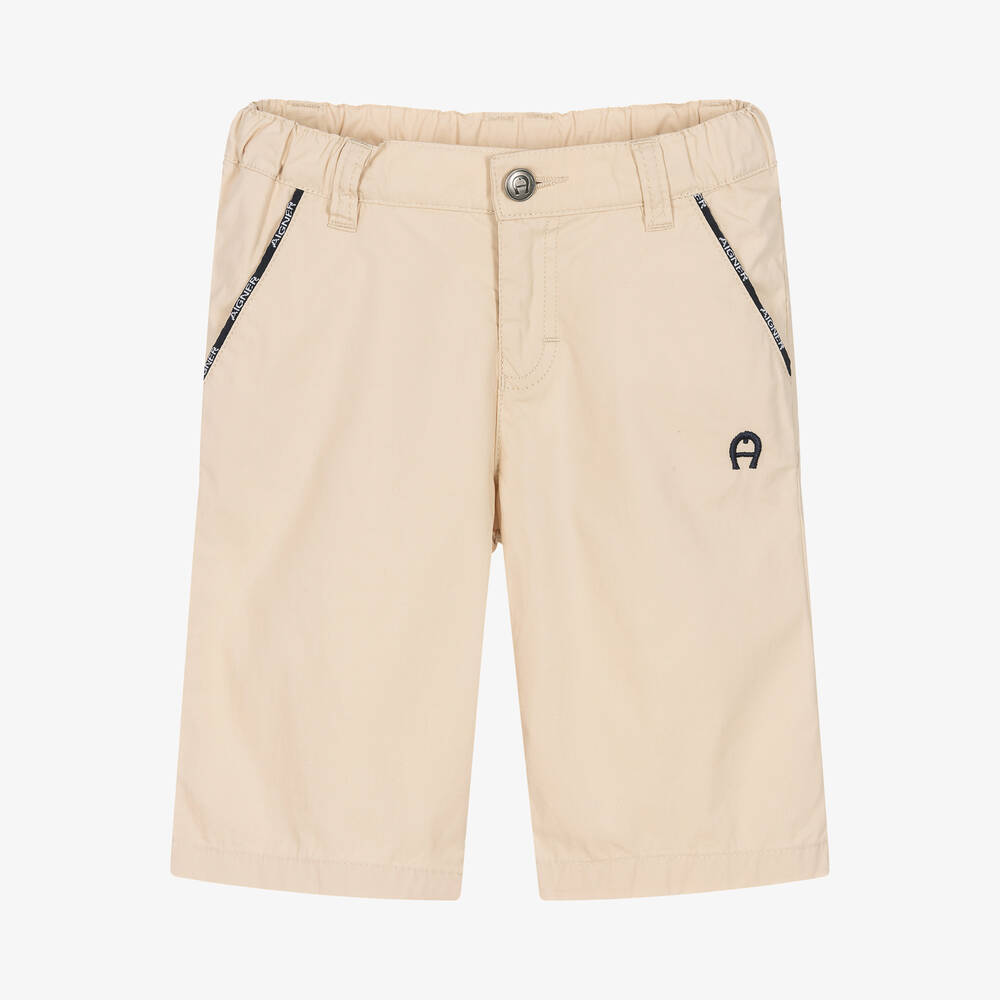 AIGNER - Boys Beige Cotton Logo Shorts | Childrensalon
