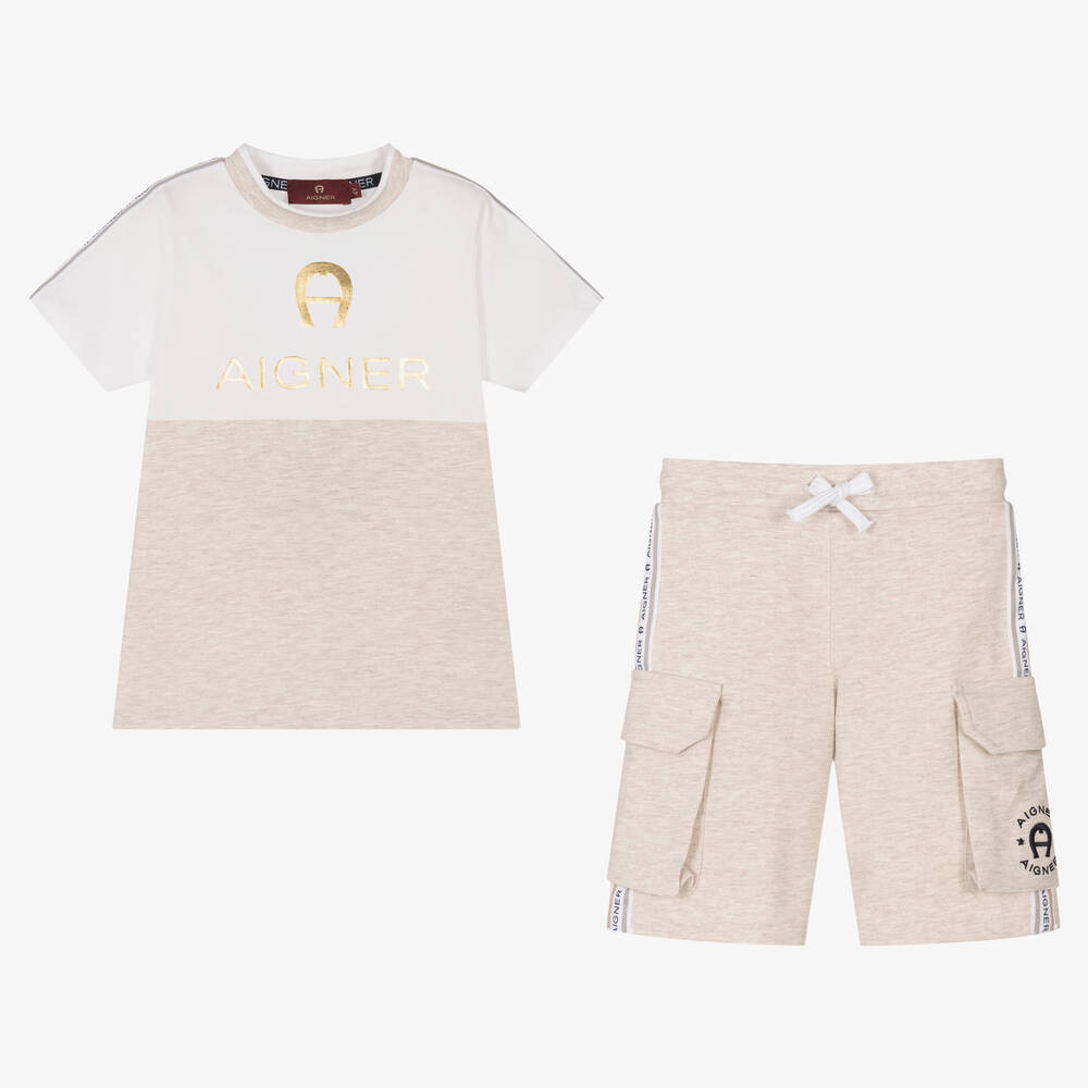 AIGNER-طقم شورت مزيج قطن لون بيج للأولاد | Childrensalon Outlet