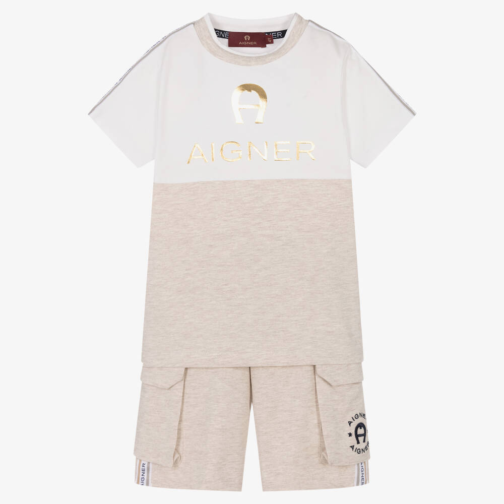 AIGNER - Boys Beige Cotton Logo Shorts Set | Childrensalon