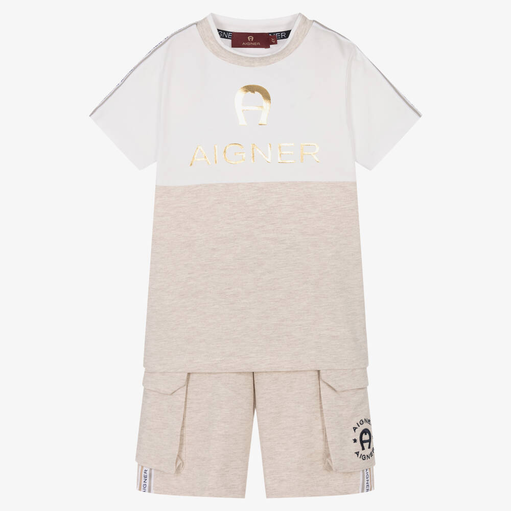 AIGNER-طقم شورت مزيج قطن لون بيج للأولاد | Childrensalon Outlet