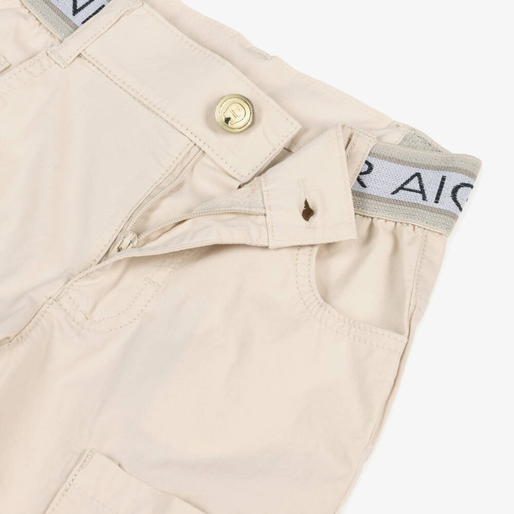 AIGNER-Boys Beige Cotton Poplin Logo Tape Shorts | Childrensalon Outlet