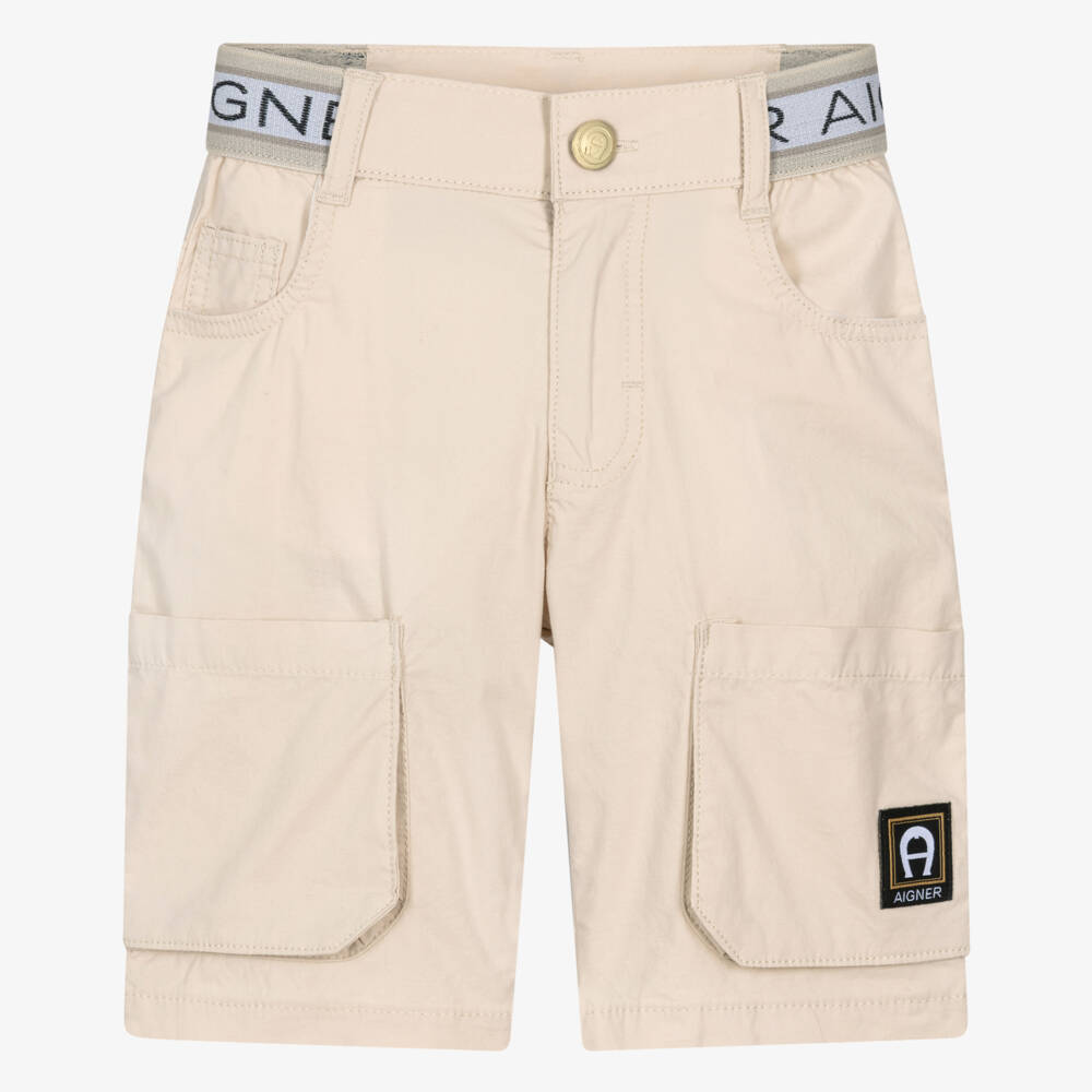 AIGNER-Boys Beige Cotton Poplin Logo Tape Shorts | Childrensalon Outlet