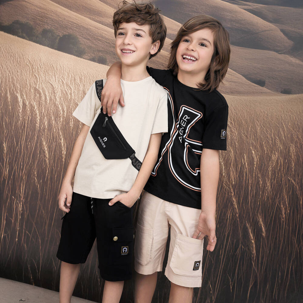 AIGNER-Boys Beige Cotton Poplin Logo Tape Shorts | Childrensalon Outlet