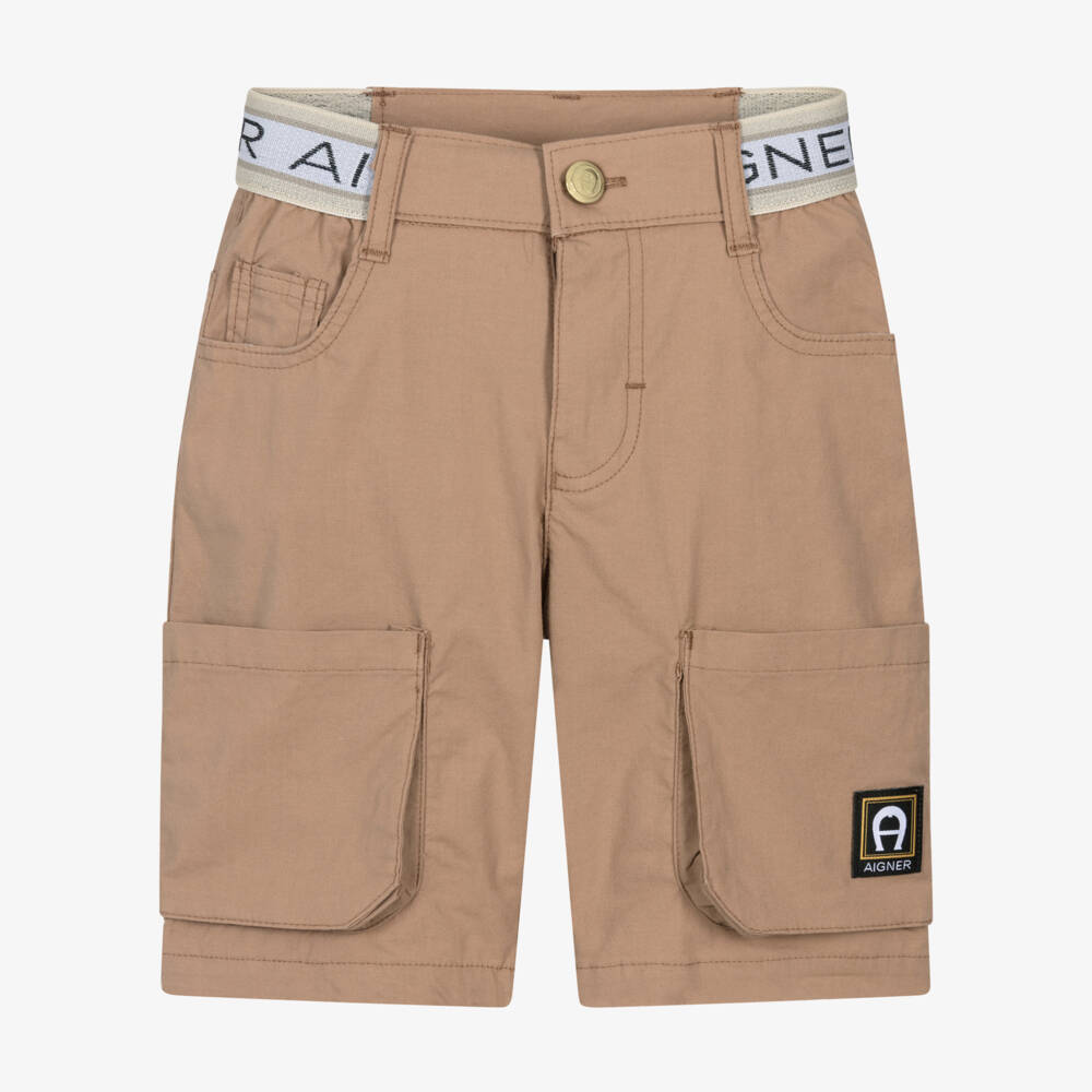 AIGNER-Boys Beige Cotton Poplin Logo Tape Shorts | Childrensalon Outlet