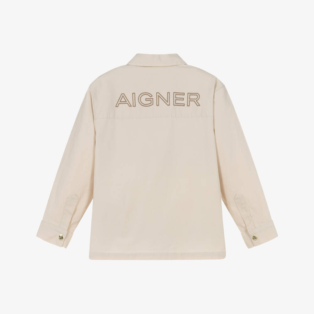 AIGNER-Boys Beige Cotton Shirt with Gold Poppers | Childrensalon Outlet