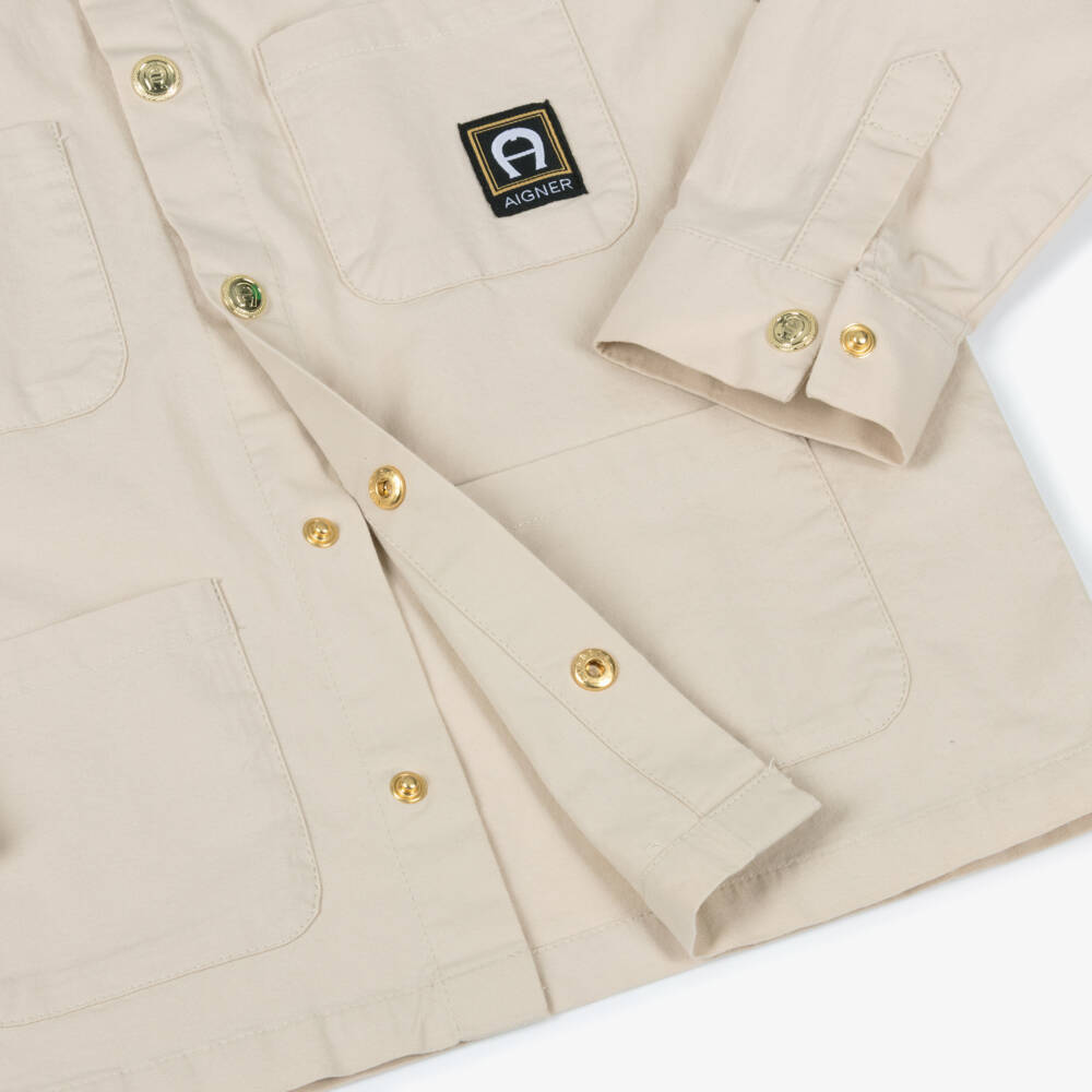 AIGNER-Boys Beige Cotton Shirt with Gold Poppers | Childrensalon Outlet