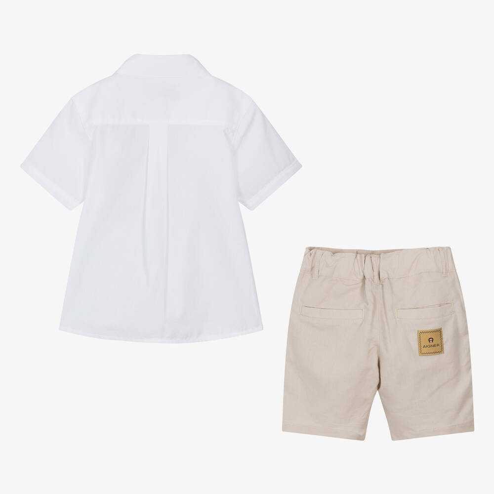 AIGNER-Boys Beige Linen & Cotton Shorts Set | Childrensalon Outlet