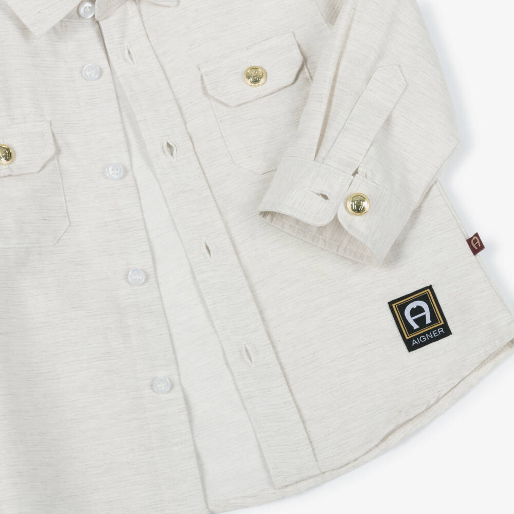AIGNER-Boys Beige Marl Cotton Shirt with Gold Buttons | Childrensalon Outlet