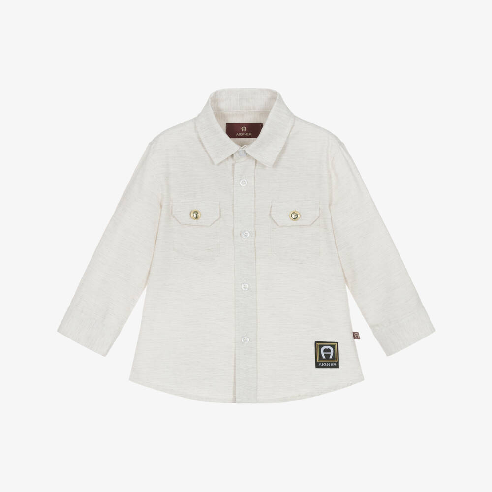 AIGNER-Boys Beige Marl Cotton Shirt with Gold Buttons | Childrensalon Outlet