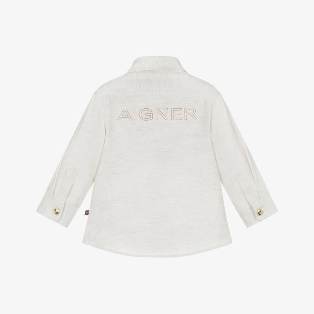 AIGNER-Boys Beige Marl Cotton Shirt with Gold Buttons | Childrensalon Outlet