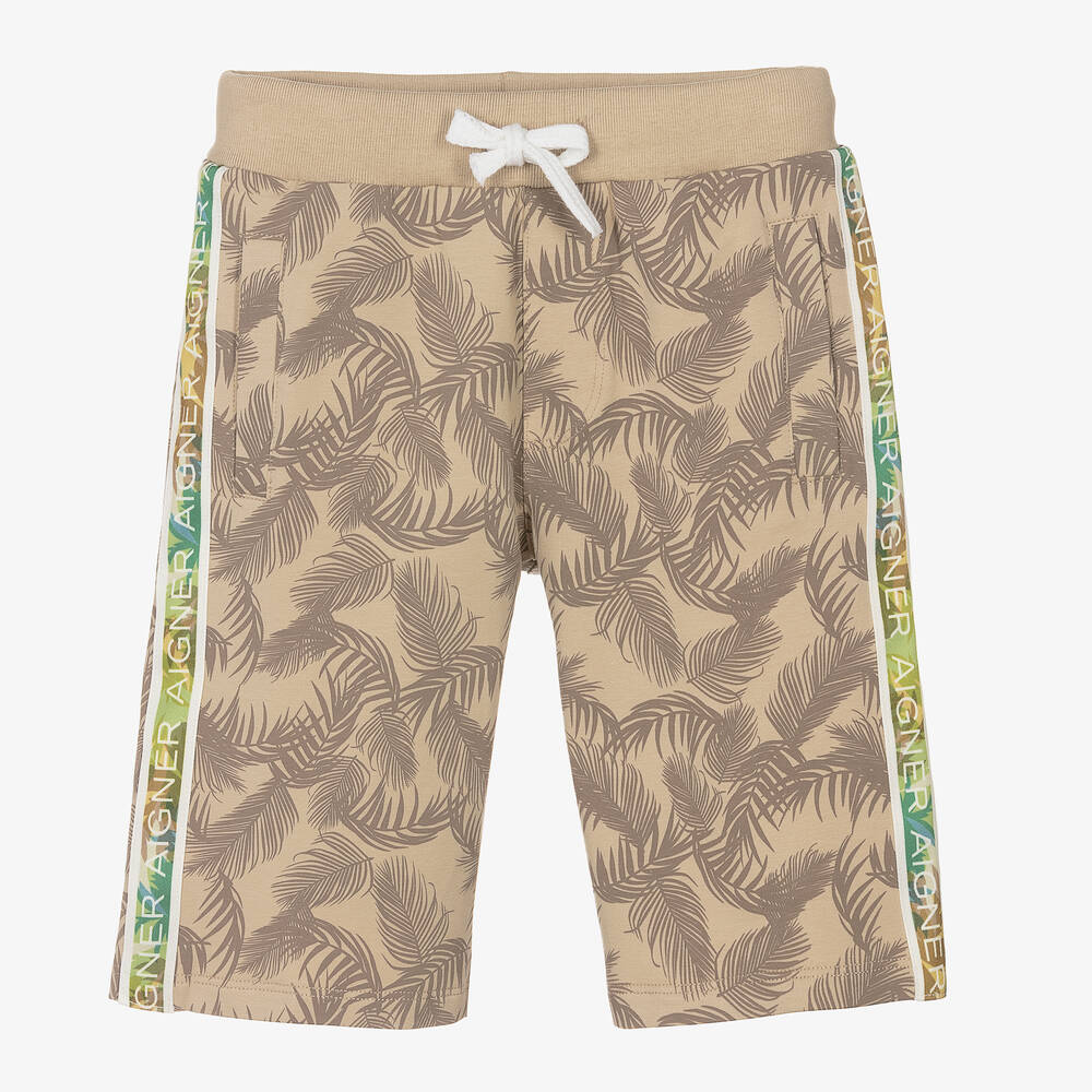 AIGNER - Boys Beige Palm Print Logo Shorts | Childrensalon