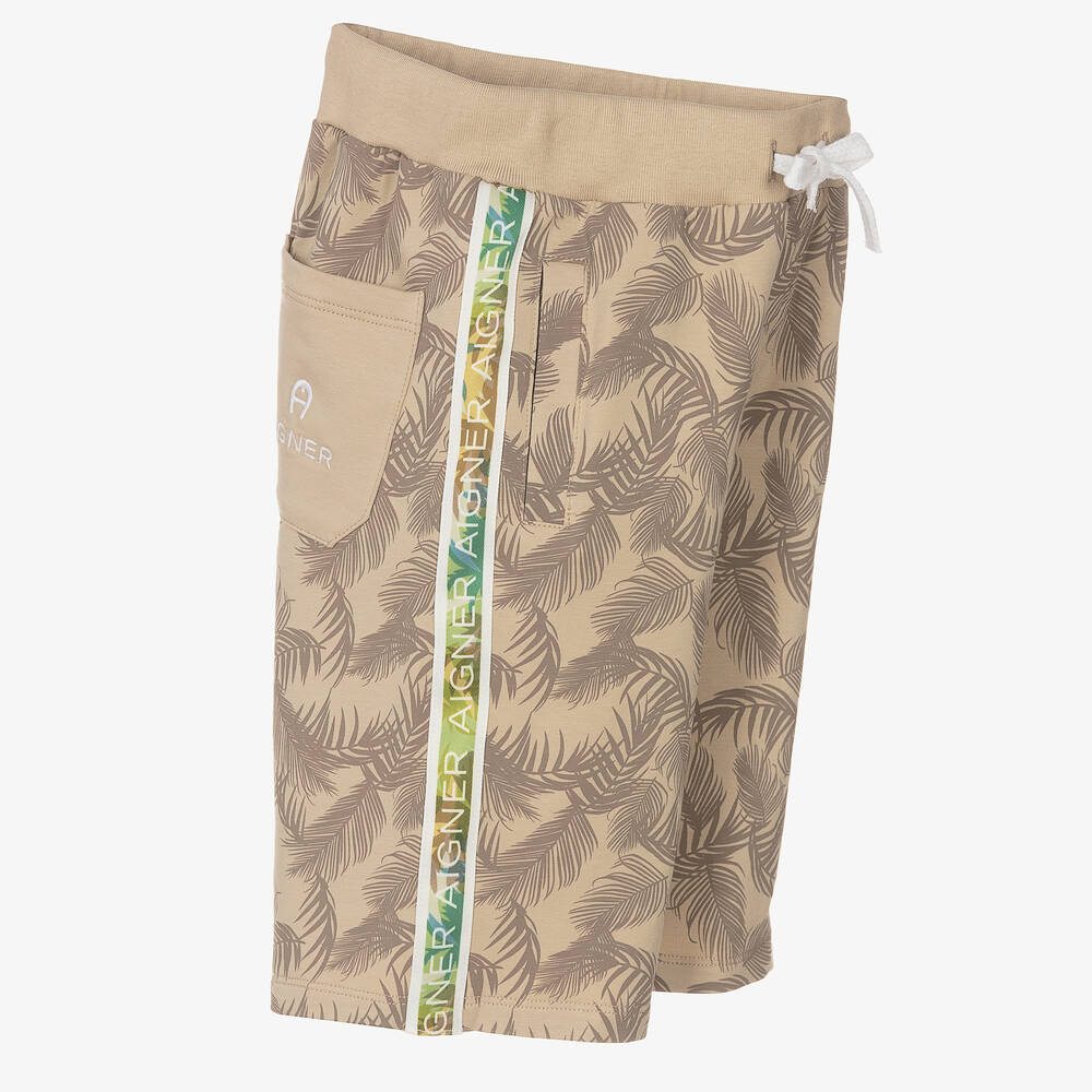 AIGNER-Boys Beige Palm Print Logo Shorts | Childrensalon Outlet