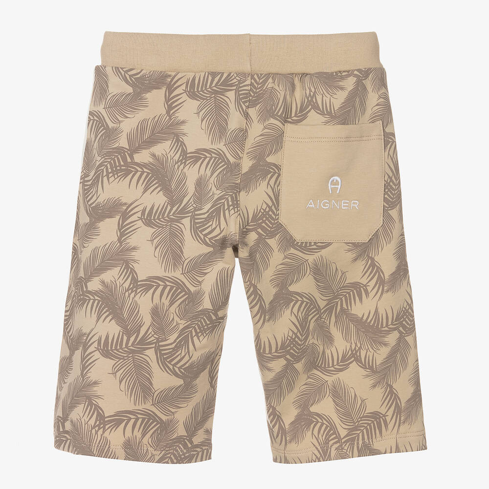 AIGNER-Boys Beige Palm Print Logo Shorts | Childrensalon Outlet