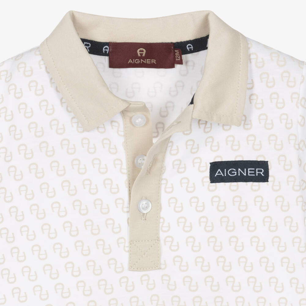 AIGNER-Boys Beige & White Logo Pattern Polo Shirt | Childrensalon Outlet