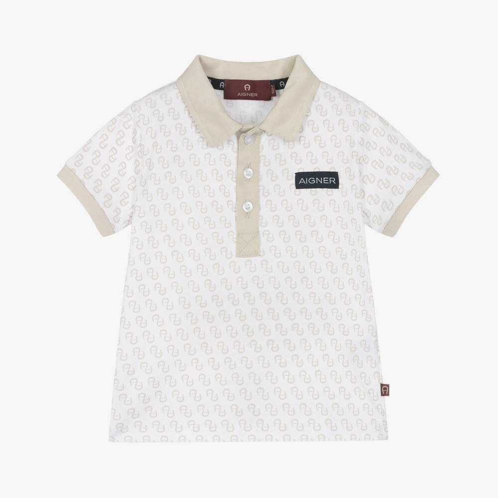 AIGNER-Boys Beige & White Logo Pattern Polo Shirt | Childrensalon Outlet