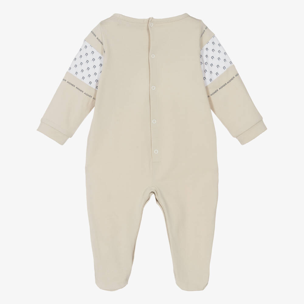AIGNER-Boys Beige & White Pima Cotton Babygrow | Childrensalon Outlet