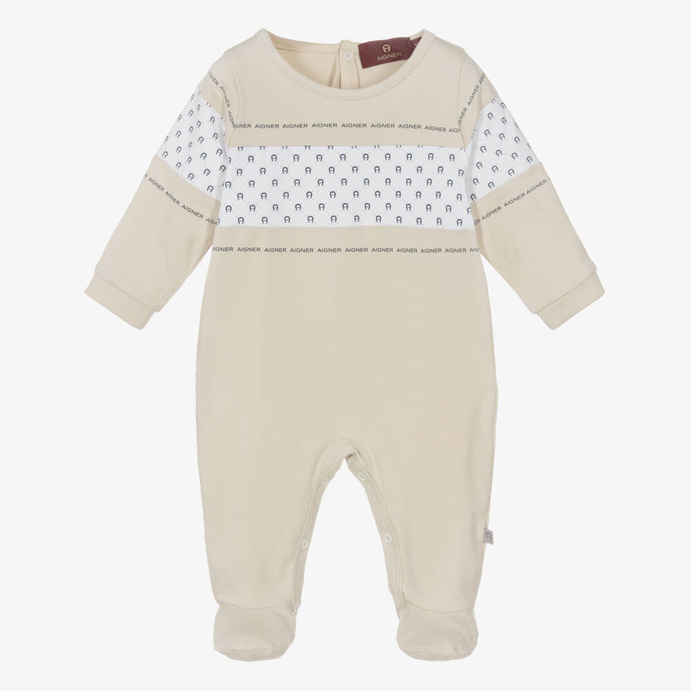 AIGNER-Boys Beige & White Pima Cotton Babygrow | Childrensalon Outlet