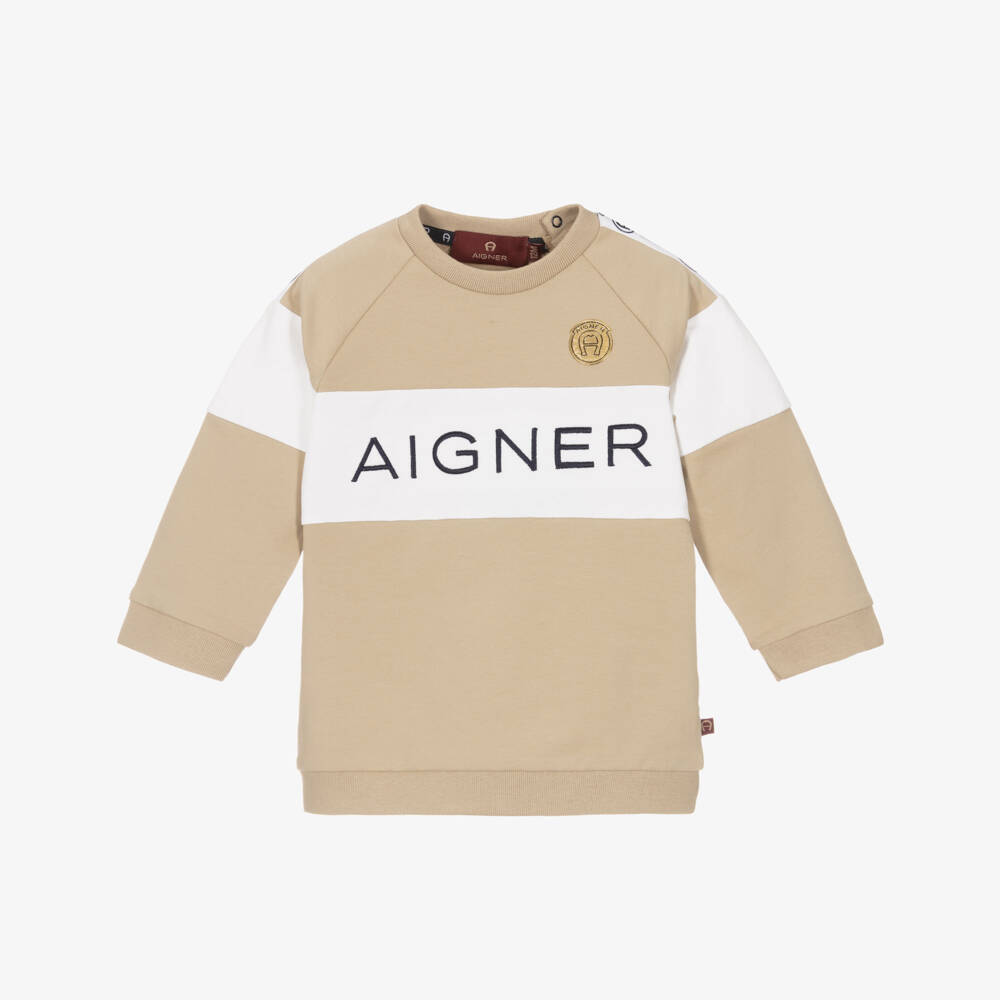 AIGNER-Boys Beige & White Stripe Sweatshirt | Childrensalon Outlet