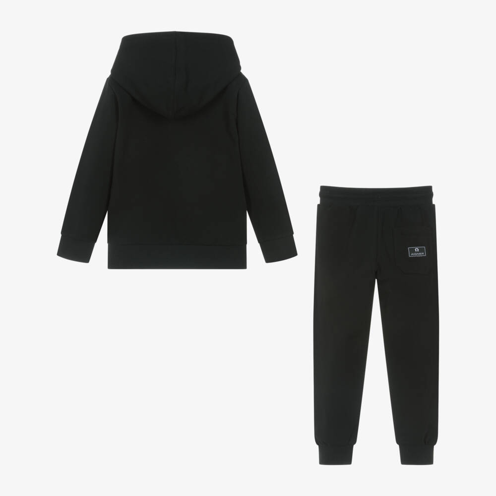 AIGNER-Boys Black Cotton Jersey Hooded Tracksuit | Childrensalon Outlet