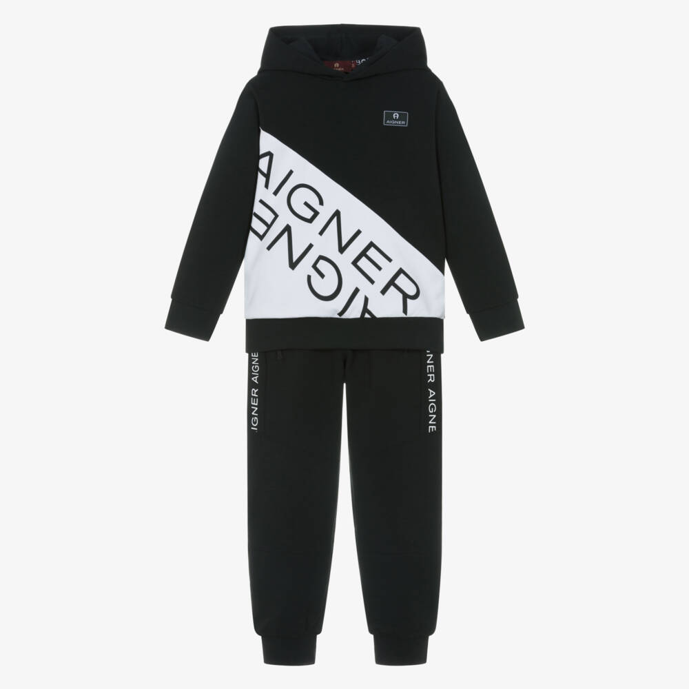 AIGNER-Boys Black Cotton Jersey Hooded Tracksuit | Childrensalon Outlet