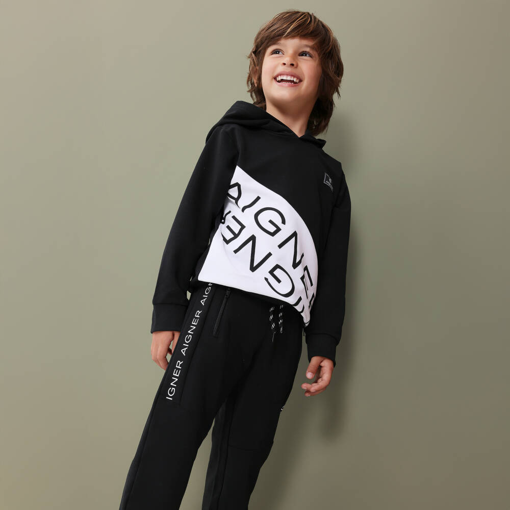AIGNER-Boys Black Cotton Jersey Hooded Tracksuit | Childrensalon Outlet
