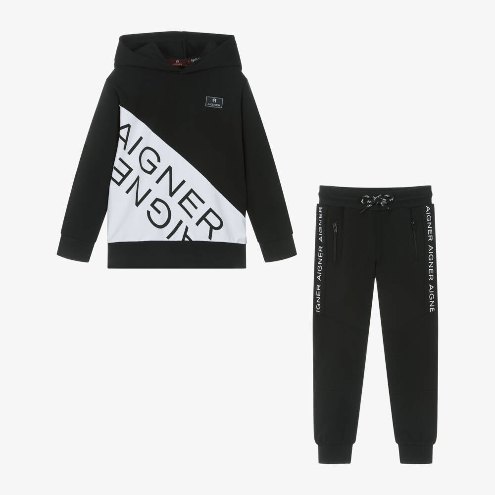 AIGNER-Boys Black Cotton Jersey Hooded Tracksuit | Childrensalon Outlet