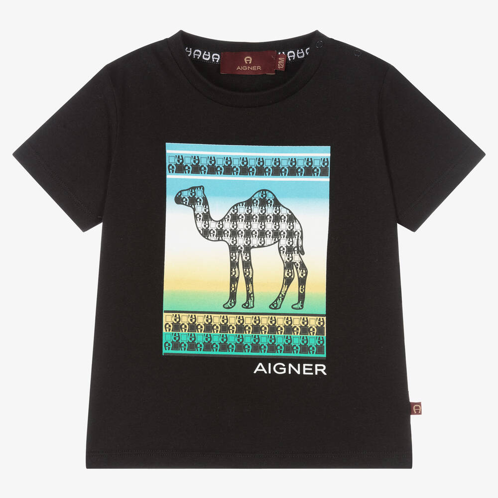 AIGNER - Boys Black Cotton Logo T-Shirt | Childrensalon