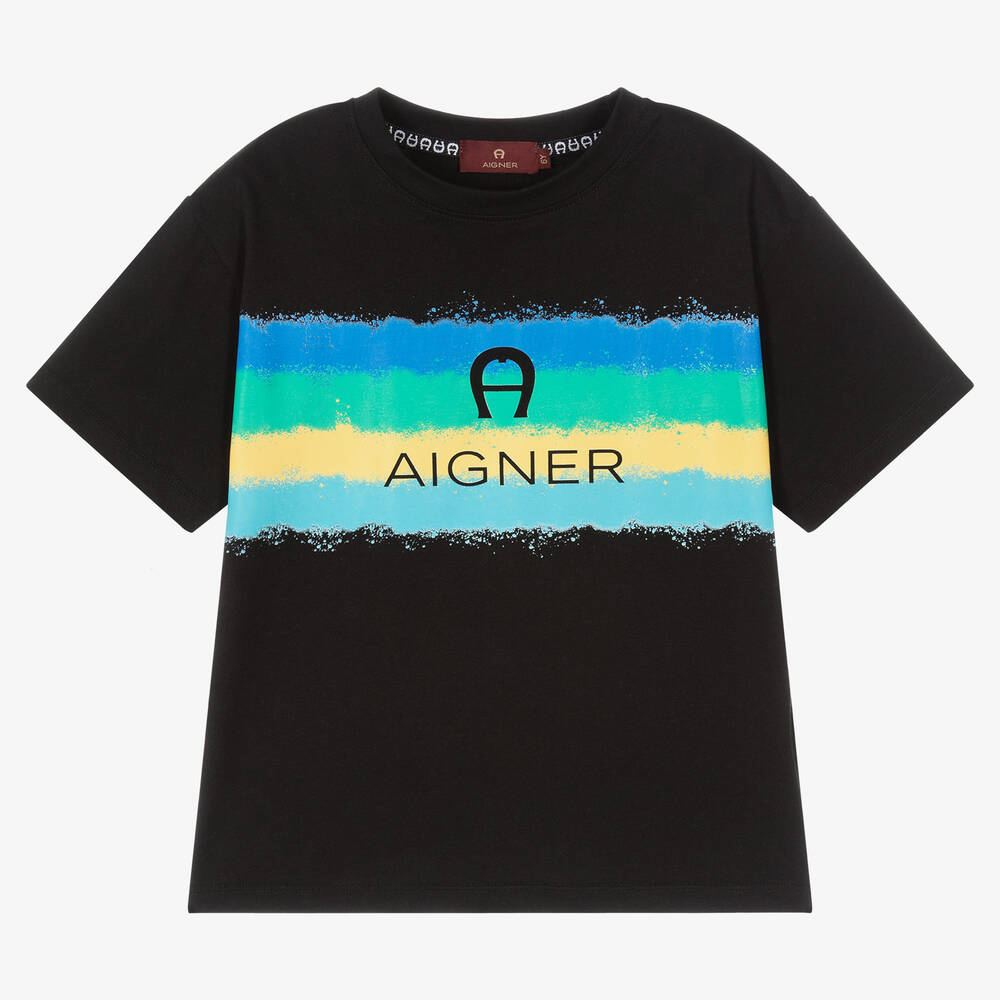 AIGNER-Boys Black Cotton Logo T-Shirt | Childrensalon Outlet