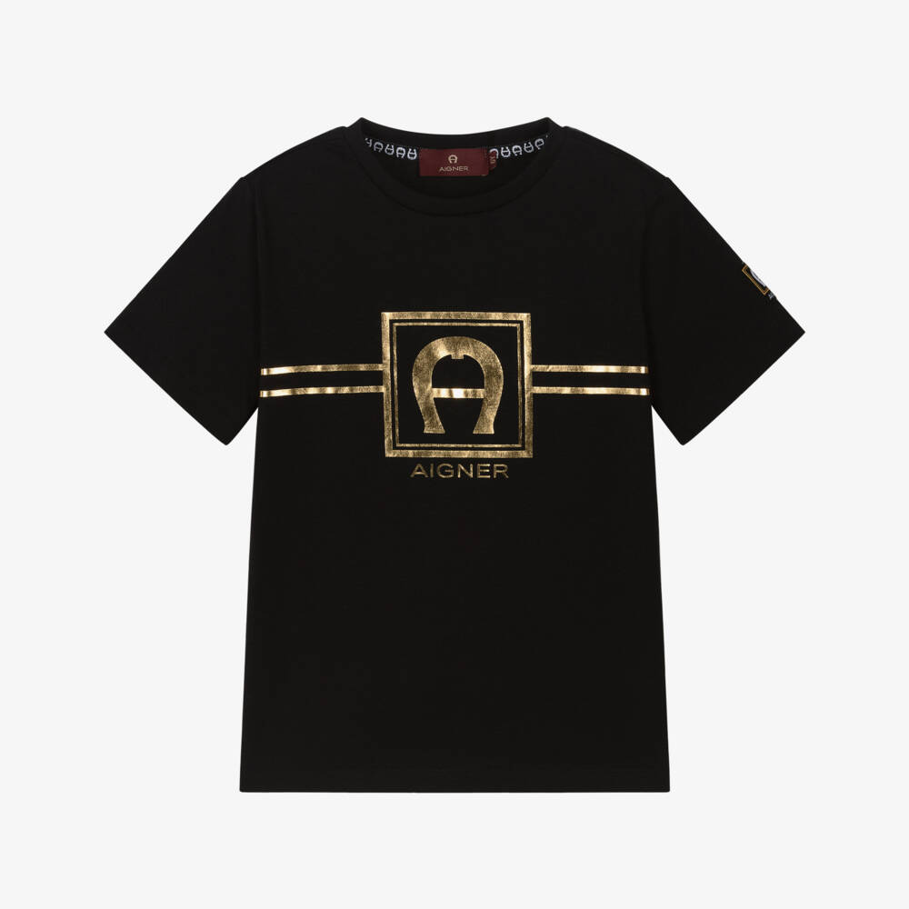 AIGNER-Boys Black & Gold Logo Cotton T-Shirt | Childrensalon Outlet