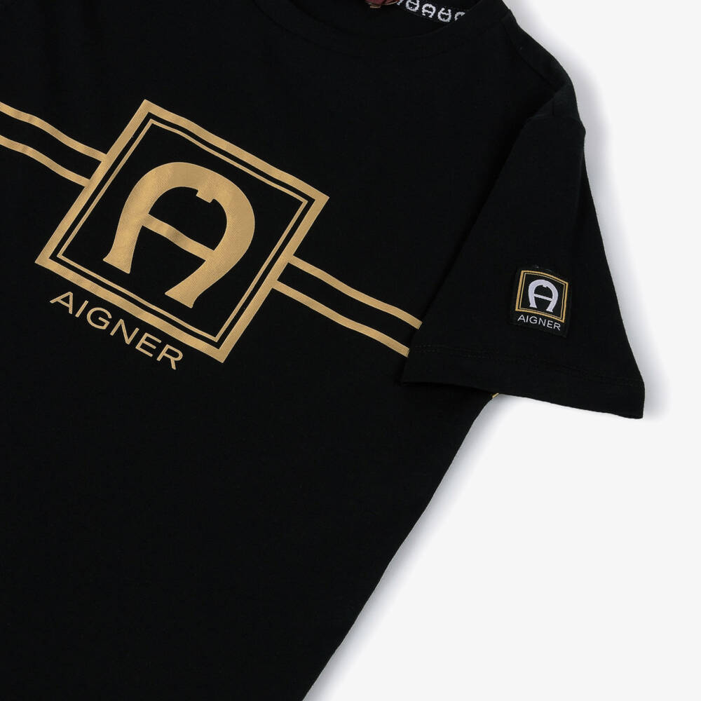 AIGNER-Boys Black & Gold Logo Cotton T-Shirt | Childrensalon Outlet