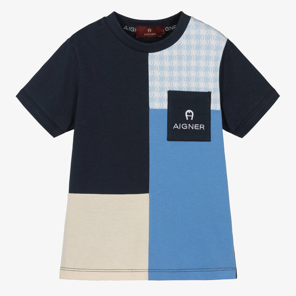 AIGNER - Синяя футболка с цветовыми блоками для мальчиков | Childrensalon