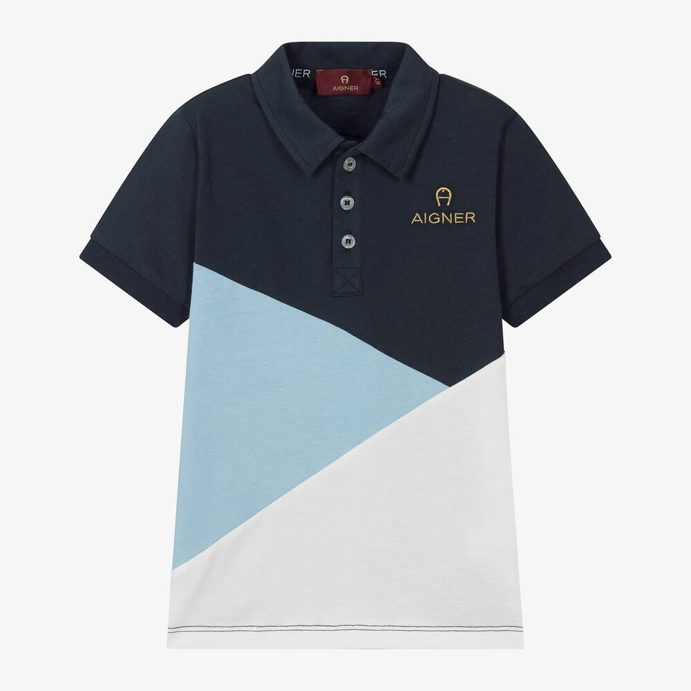 AIGNER-Boys Blue Cotton Colourblock Polo Shirt | Childrensalon Outlet